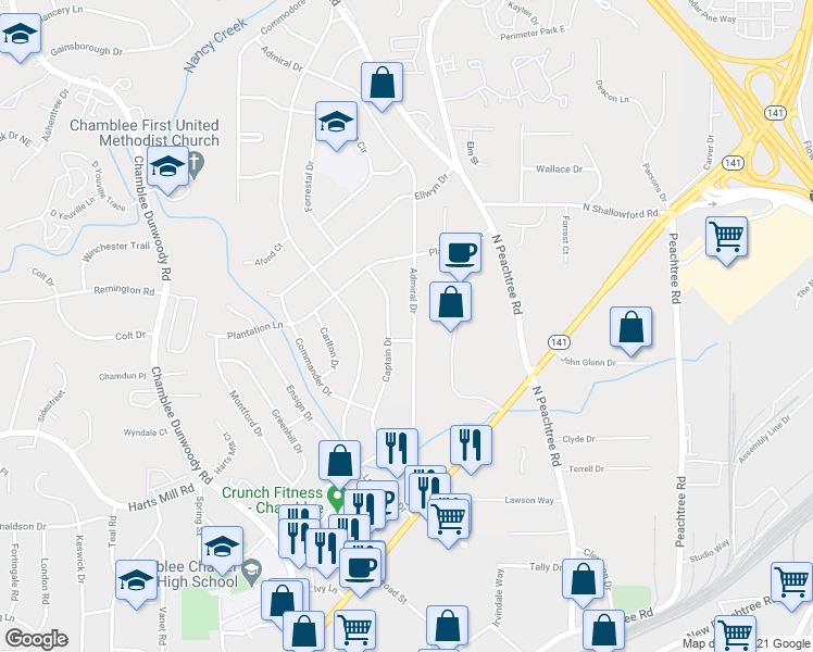 map of restaurants, bars, coffee shops, grocery stores, and more near 3880 Admiral Drive in Atlanta