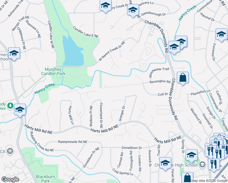 map of restaurants, bars, coffee shops, grocery stores, and more near 1724 Granger Court in Chamblee