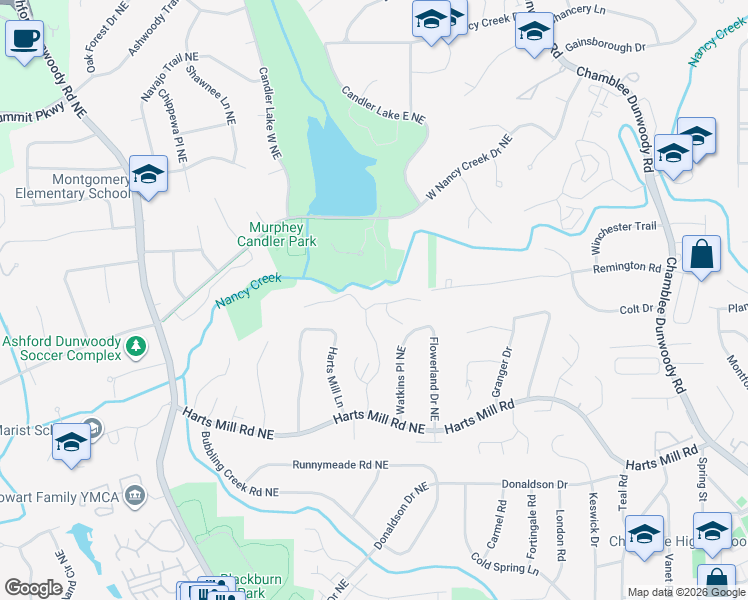 map of restaurants, bars, coffee shops, grocery stores, and more near 3866 Ashford Ridge Northeast in Atlanta