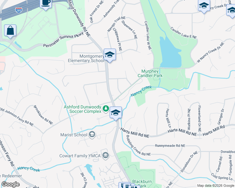 map of restaurants, bars, coffee shops, grocery stores, and more near 1420 West Nancy Creek Drive Northeast in Atlanta