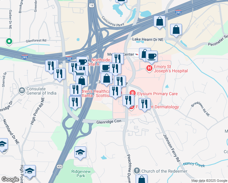 map of restaurants, bars, coffee shops, grocery stores, and more near 5461 Meridian Mark Road in Sandy Springs