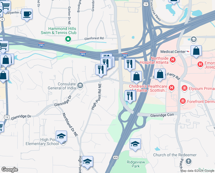 map of restaurants, bars, coffee shops, grocery stores, and more near 5520 Shiver Summit Northeast in Atlanta