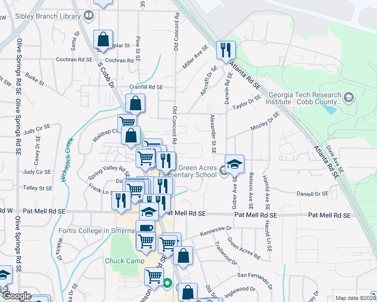 map of restaurants, bars, coffee shops, grocery stores, and more near 1901 Old Concord Road in Smyrna