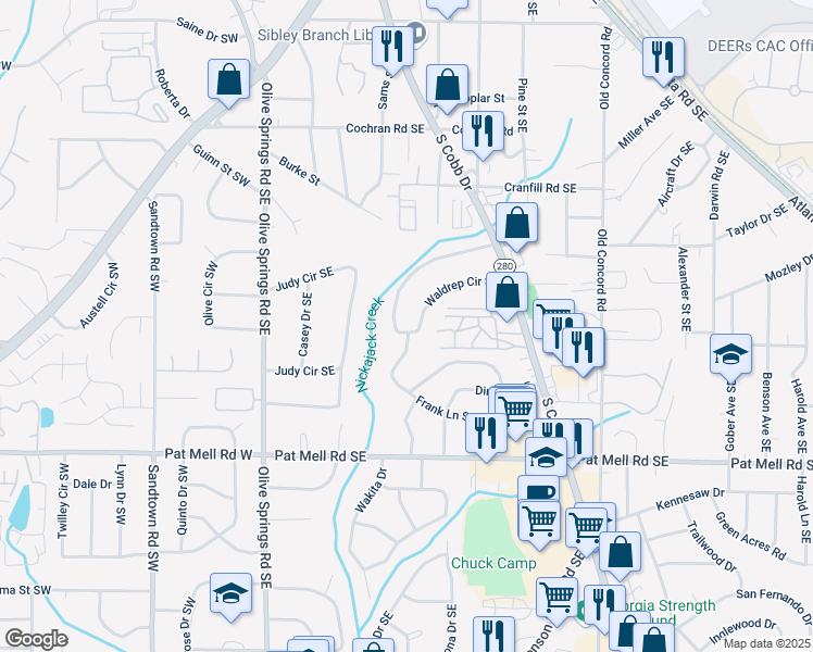 map of restaurants, bars, coffee shops, grocery stores, and more near 1848 Waldrep Circle Southeast in Marietta