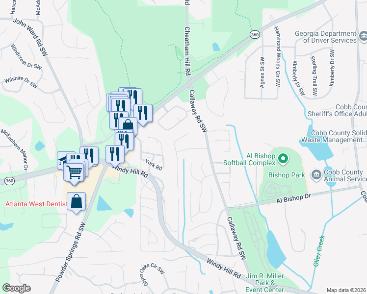 map of restaurants, bars, coffee shops, grocery stores, and more near 1500 Kolb Ridge Drive Southwest in Marietta