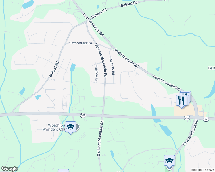 map of restaurants, bars, coffee shops, grocery stores, and more near 4555 Tranquil Lane in Powder Springs