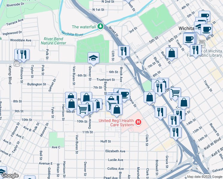 map of restaurants, bars, coffee shops, grocery stores, and more near 706 Warford Street in Wichita Falls
