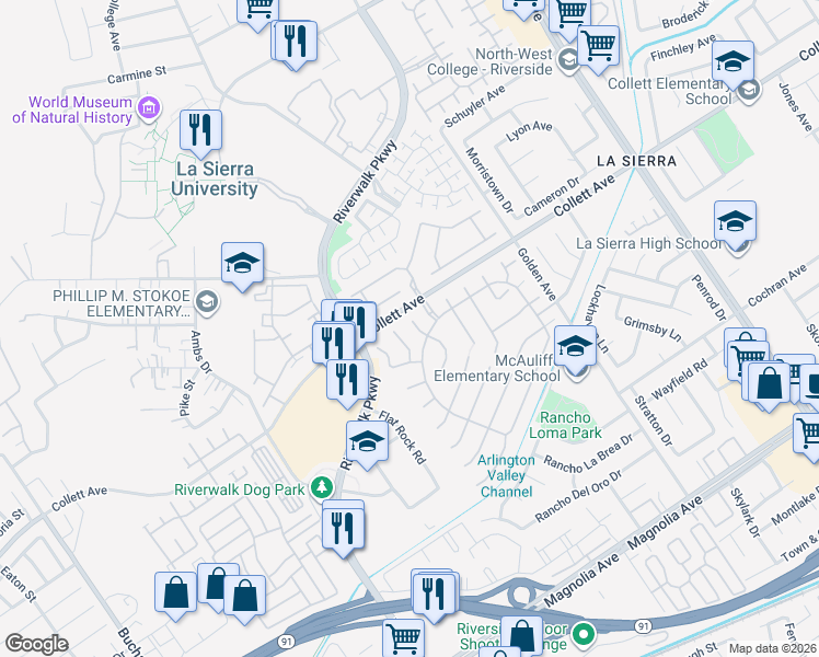 map of restaurants, bars, coffee shops, grocery stores, and more near 4286 Gardendale Court in Riverside