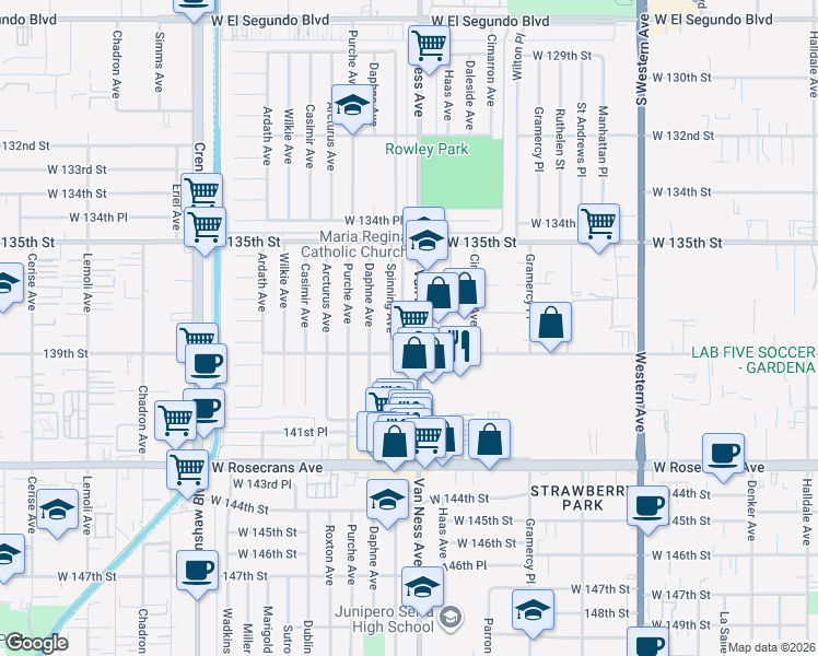 map of restaurants, bars, coffee shops, grocery stores, and more near 13801 Van Ness Avenue in Gardena