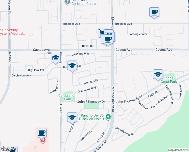 map of restaurants, bars, coffee shops, grocery stores, and more near 27833 Auburn Lane in Moreno Valley