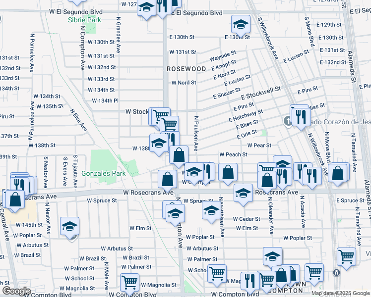 map of restaurants, bars, coffee shops, grocery stores, and more near 729 West 139th Street in Compton