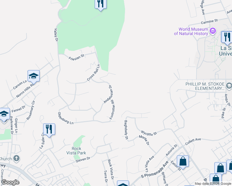 map of restaurants, bars, coffee shops, grocery stores, and more near 1465 Andalusian Drive in Norco