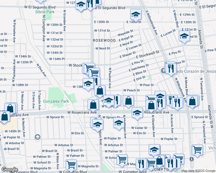 map of restaurants, bars, coffee shops, grocery stores, and more near 637 West Peach Street in Compton