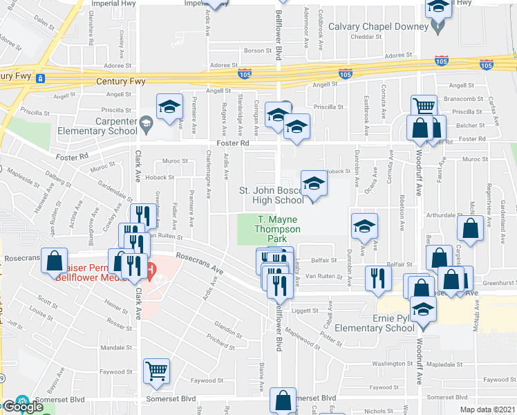 map of restaurants, bars, coffee shops, grocery stores, and more near 14001 Bellflower Boulevard in Bellflower