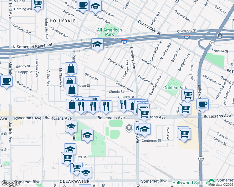 map of restaurants, bars, coffee shops, grocery stores, and more near 8224 Quimby Street in Paramount