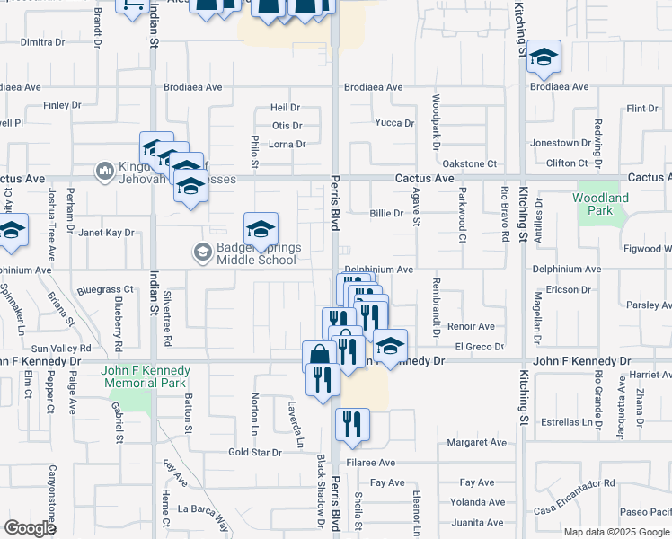 map of restaurants, bars, coffee shops, grocery stores, and more near Perris Boulevard & Delphinium Avenue in Moreno Valley