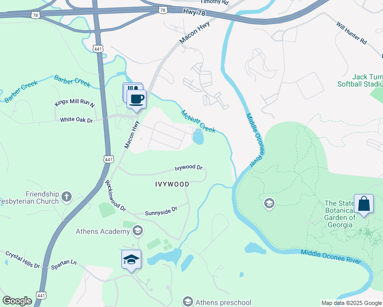 map of restaurants, bars, coffee shops, grocery stores, and more near 1191 Ivywood Drive in Athens
