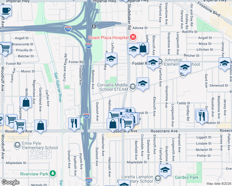 map of restaurants, bars, coffee shops, grocery stores, and more near 10855 Leffingwell Road in Norwalk