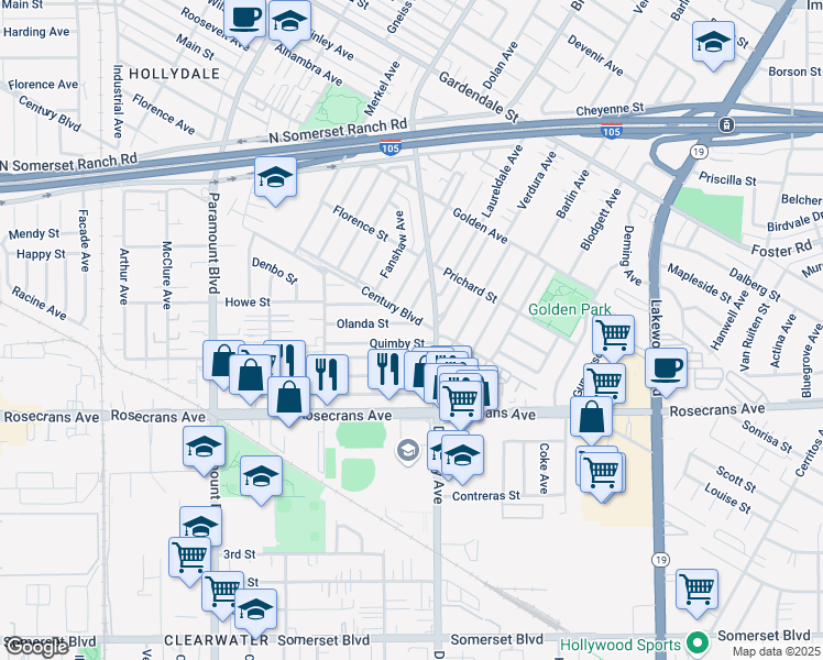 map of restaurants, bars, coffee shops, grocery stores, and more near in Paramount