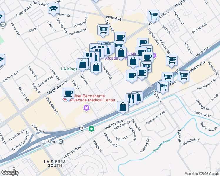 map of restaurants, bars, coffee shops, grocery stores, and more near 3610 Banbury Drive in Riverside
