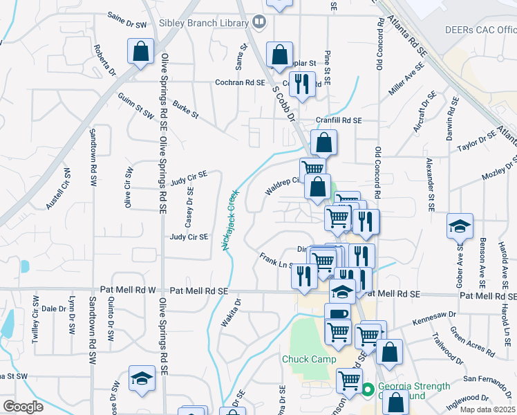 map of restaurants, bars, coffee shops, grocery stores, and more near 1848 Waldrep Circle Southeast in Marietta