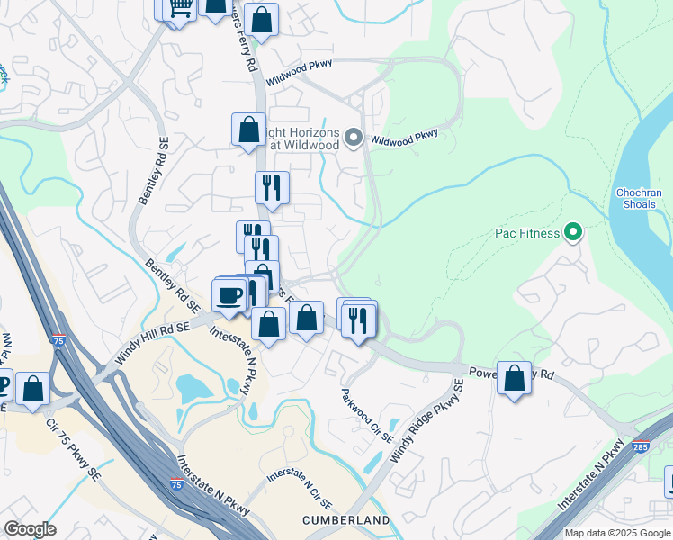 map of restaurants, bars, coffee shops, grocery stores, and more near 2500 Windy Ridge Parkway Southeast in Atlanta