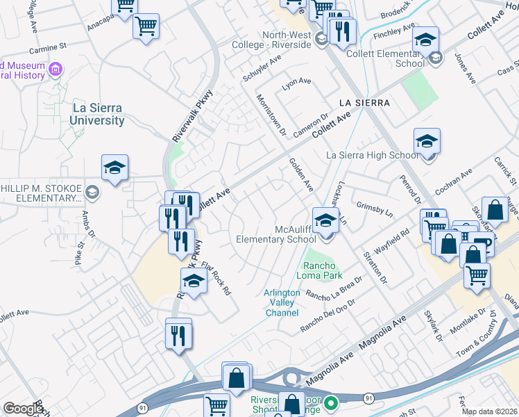 map of restaurants, bars, coffee shops, grocery stores, and more near 4255 Gardenridge court in Riverside
