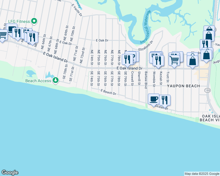 map of restaurants, bars, coffee shops, grocery stores, and more near 209 Southeast 77th Street in Oak Island