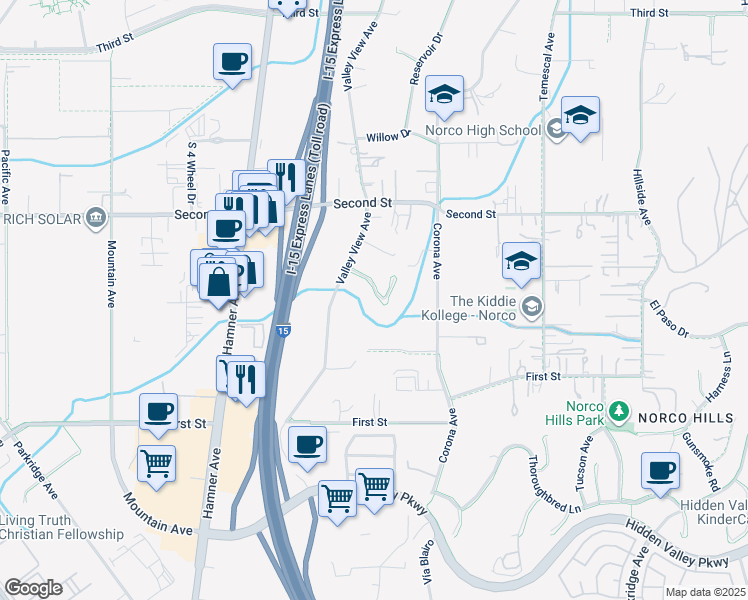 map of restaurants, bars, coffee shops, grocery stores, and more near 1454 Hilltop Lane in Norco