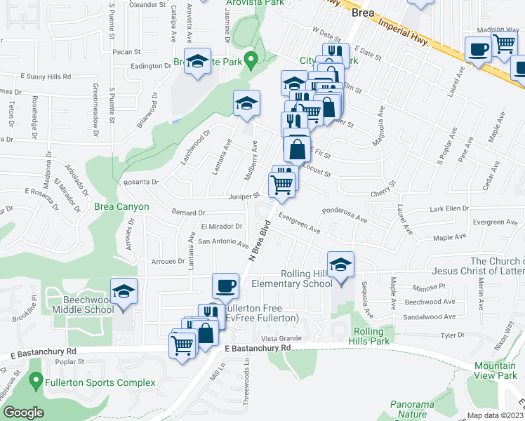 map of restaurants, bars, coffee shops, grocery stores, and more near 3055 North Brea Boulevard in Fullerton