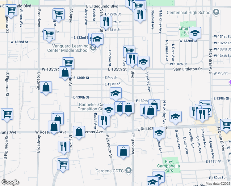 map of restaurants, bars, coffee shops, grocery stores, and more near 352 East 138th Street in Los Angeles