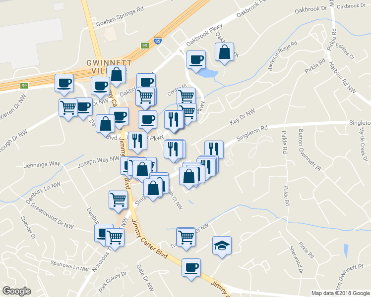 map of restaurants, bars, coffee shops, grocery stores, and more near 6060 Kay Drive Northwest in Norcross