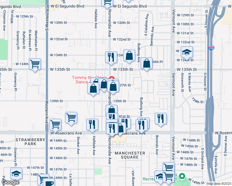 map of restaurants, bars, coffee shops, grocery stores, and more near 1335 139th Street in Gardena