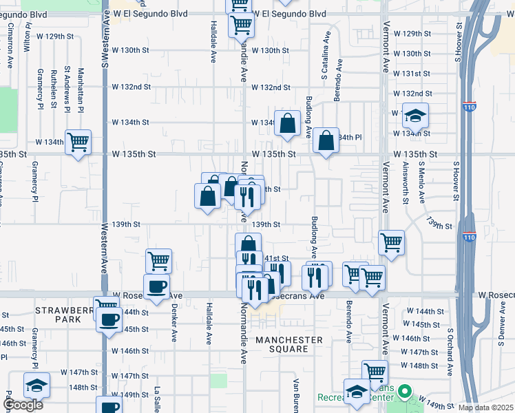 map of restaurants, bars, coffee shops, grocery stores, and more near 1335 139th Street in Gardena