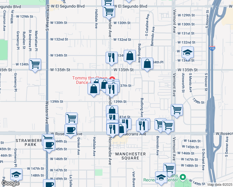 map of restaurants, bars, coffee shops, grocery stores, and more near 13813 Mariposa Avenue in Gardena