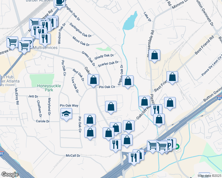 map of restaurants, bars, coffee shops, grocery stores, and more near 3306 Pin Oak Circle in Doraville