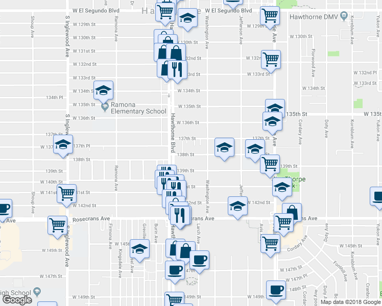 map of restaurants, bars, coffee shops, grocery stores, and more near 4373 138th Street in Hawthorne