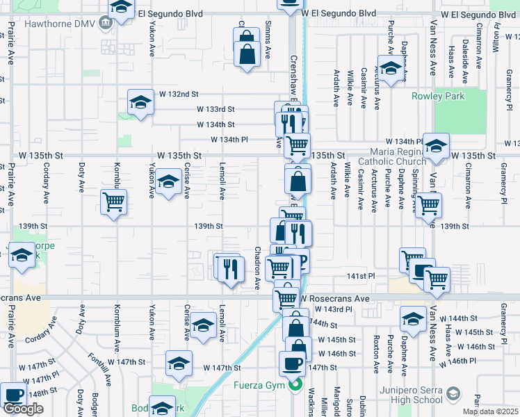 map of restaurants, bars, coffee shops, grocery stores, and more near 13724 Chadron Avenue in Hawthorne