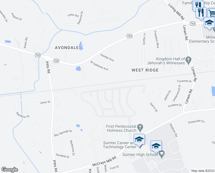 map of restaurants, bars, coffee shops, grocery stores, and more near 2691 Foxcroft Circle in Sumter
