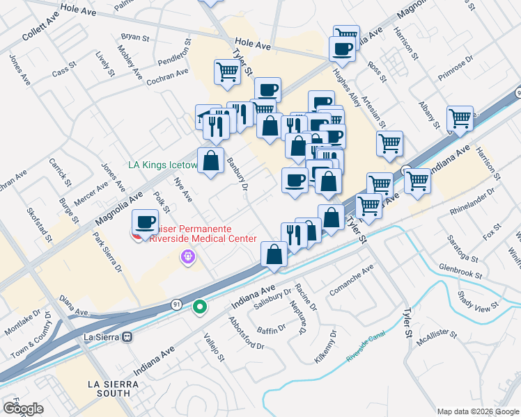 map of restaurants, bars, coffee shops, grocery stores, and more near 3535 Banbury Drive in Riverside