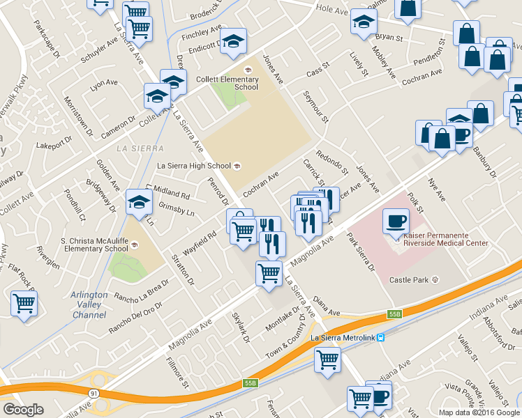 map of restaurants, bars, coffee shops, grocery stores, and more near 3935 La Sierra Avenue in Riverside