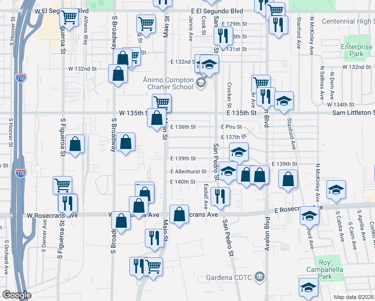 map of restaurants, bars, coffee shops, grocery stores, and more near 157 East 139th Street in Los Angeles