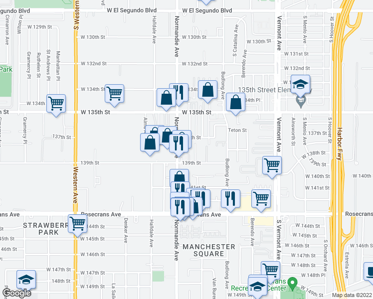 map of restaurants, bars, coffee shops, grocery stores, and more near 13813 Mariposa Avenue in Gardena