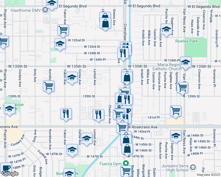 map of restaurants, bars, coffee shops, grocery stores, and more near 13725 Chadron Avenue in Hawthorne