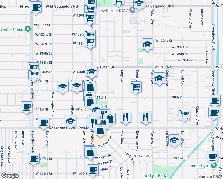map of restaurants, bars, coffee shops, grocery stores, and more near 13762 Cordary Avenue in Hawthorne