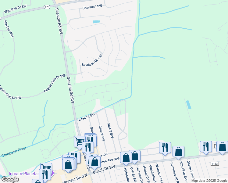 map of restaurants, bars, coffee shops, grocery stores, and more near 1435 Seaside Road Southwest in Ocean Isle Beach