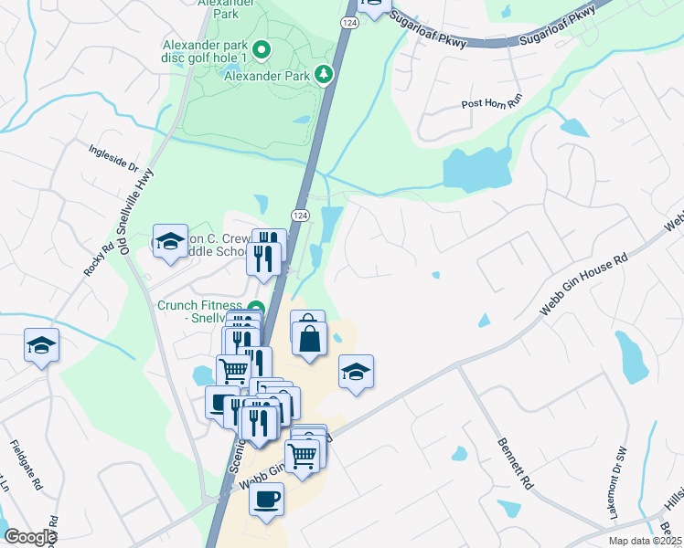 map of restaurants, bars, coffee shops, grocery stores, and more near 1378 Greencrest Court Southwest in Lawrenceville