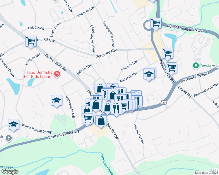 map of restaurants, bars, coffee shops, grocery stores, and more near 460 Beaver Ruin Road in Lilburn