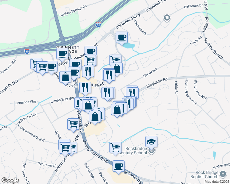 map of restaurants, bars, coffee shops, grocery stores, and more near 6060 Kay Drive Northwest in Norcross