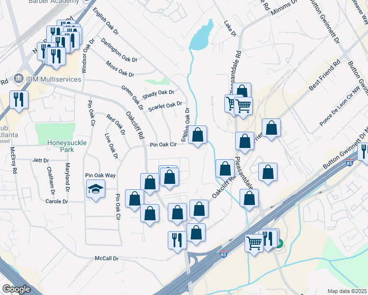 map of restaurants, bars, coffee shops, grocery stores, and more near 3276 Pin Oak Circle in Doraville